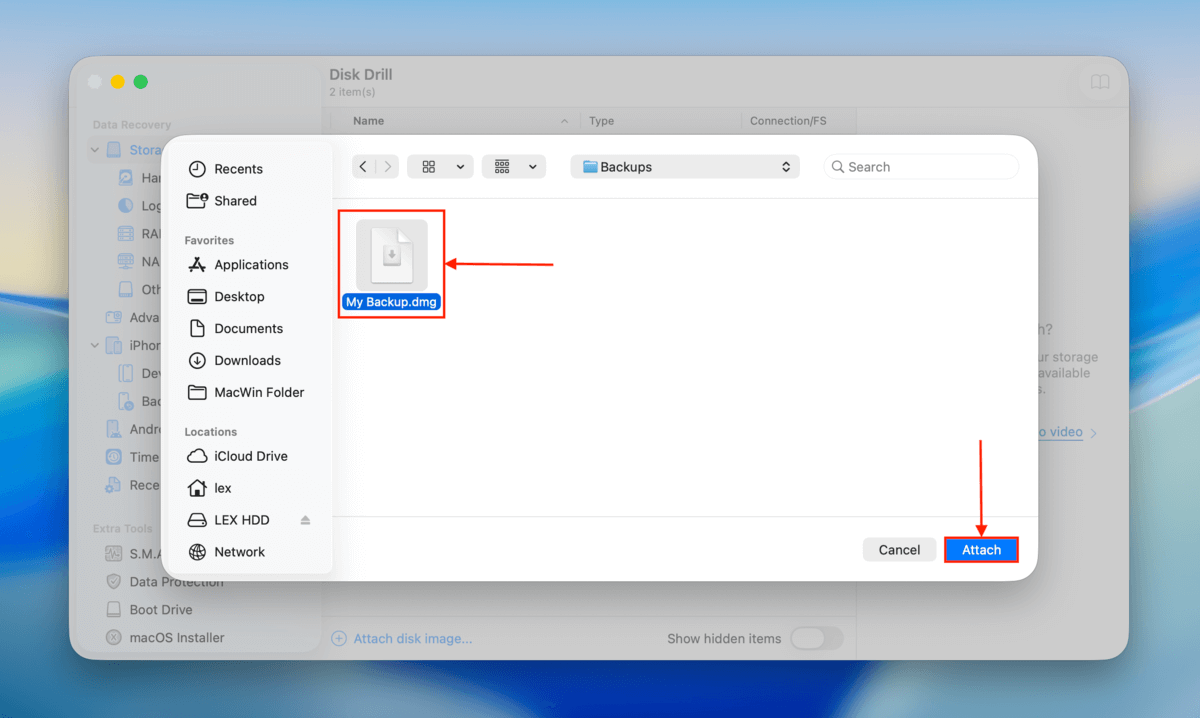 attach backup in Disk Drill