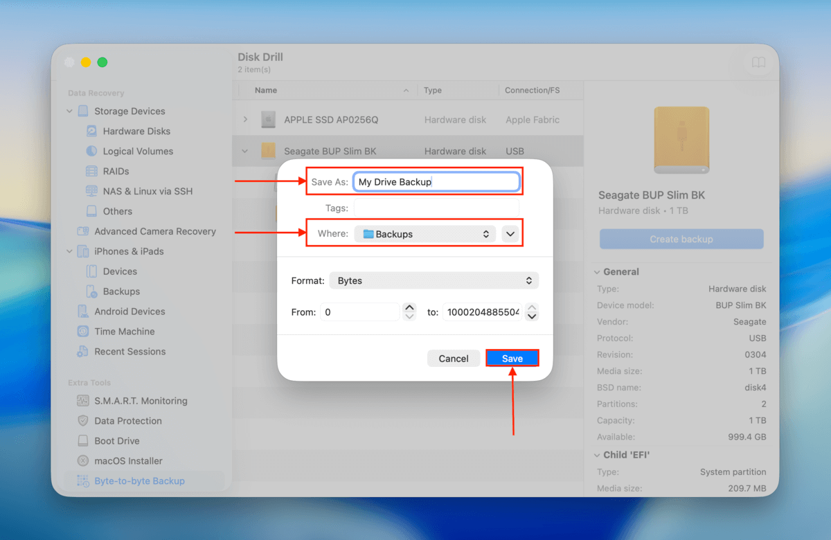 saving the created image backup in Disk Drill
