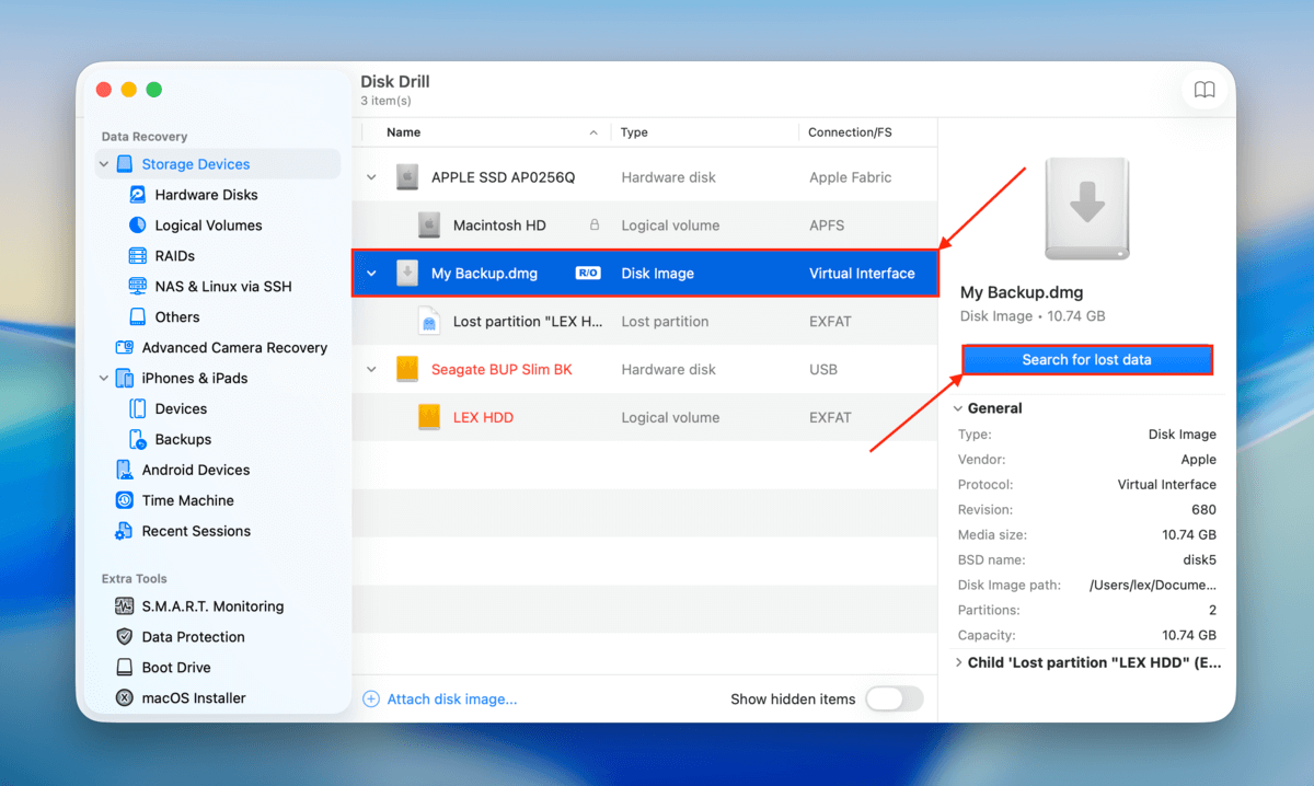 backup selection window in Disk Drill