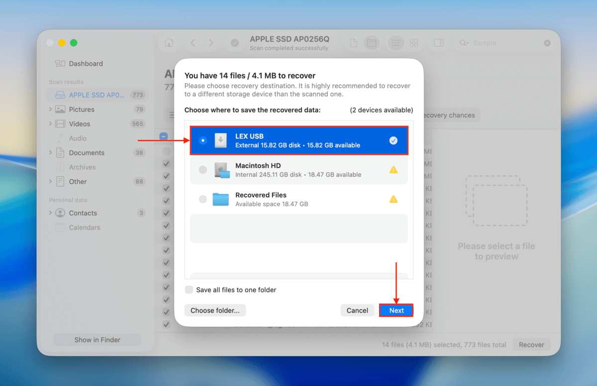 destination folder selection dialog in Disk Drill
