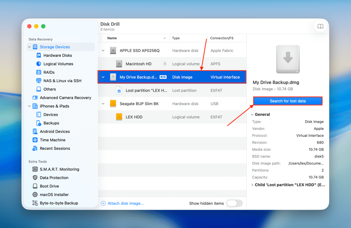 image backup selection menu in Disk Drill