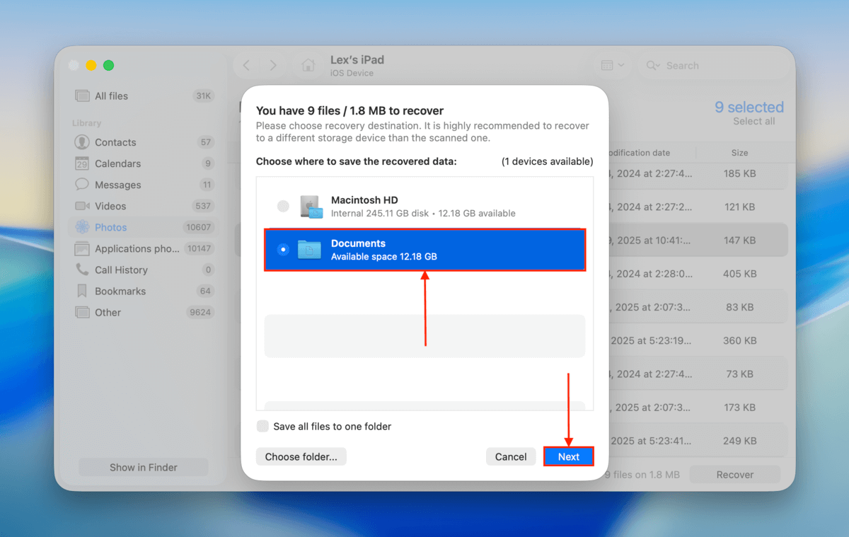file destination selection dialog in Disk Drill