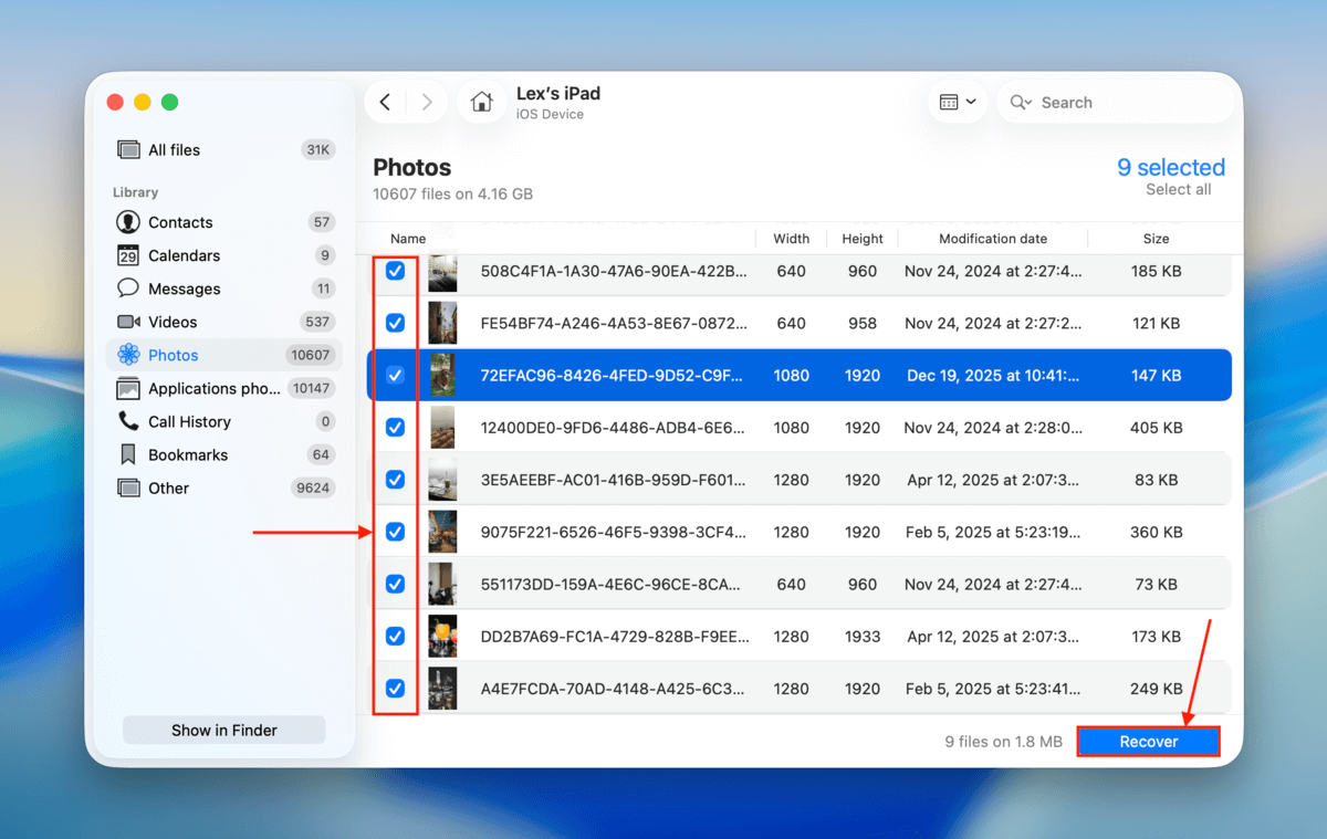 selected files to recover in Disk Drill