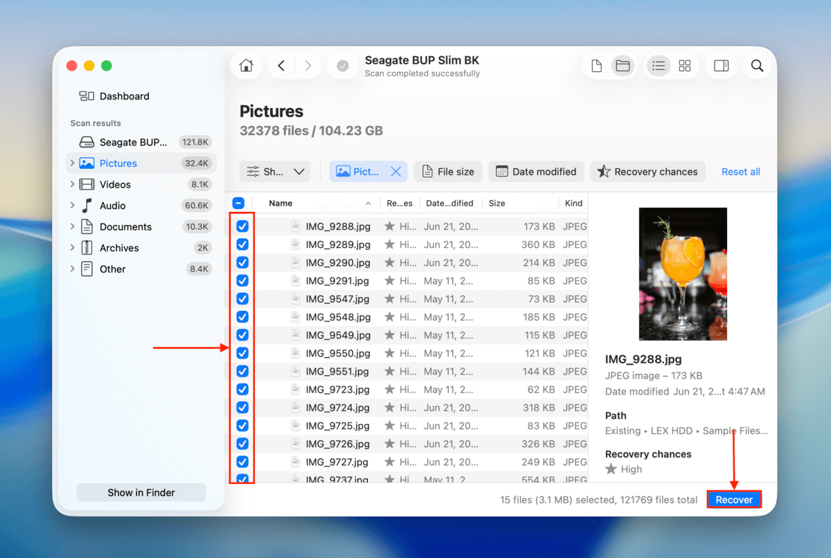 file selection window and recover button in disk drill