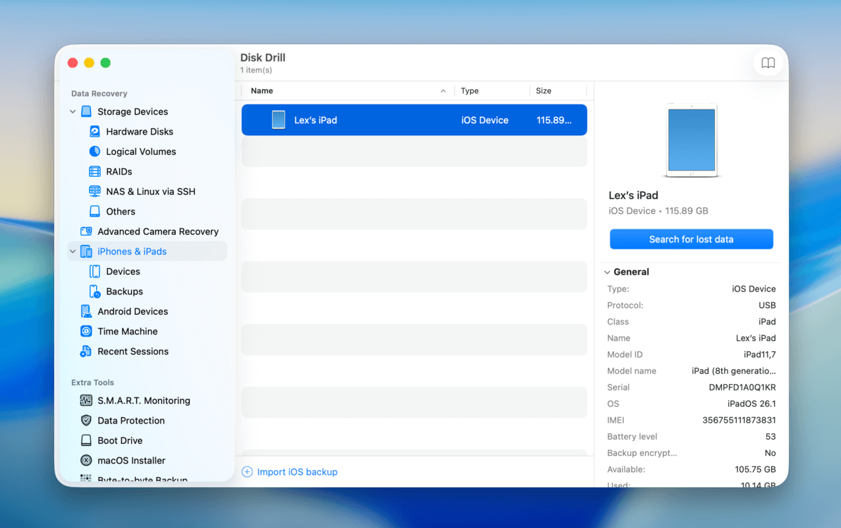 ipad selection menu in Disk Drill