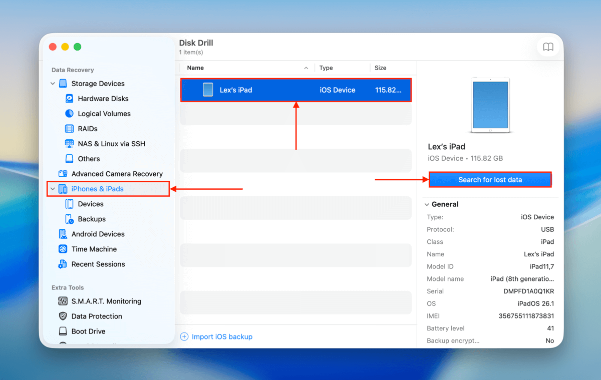 ipad selection window in Disk Drill