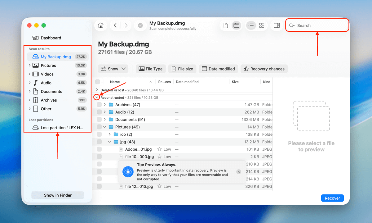 search tool in disk drill