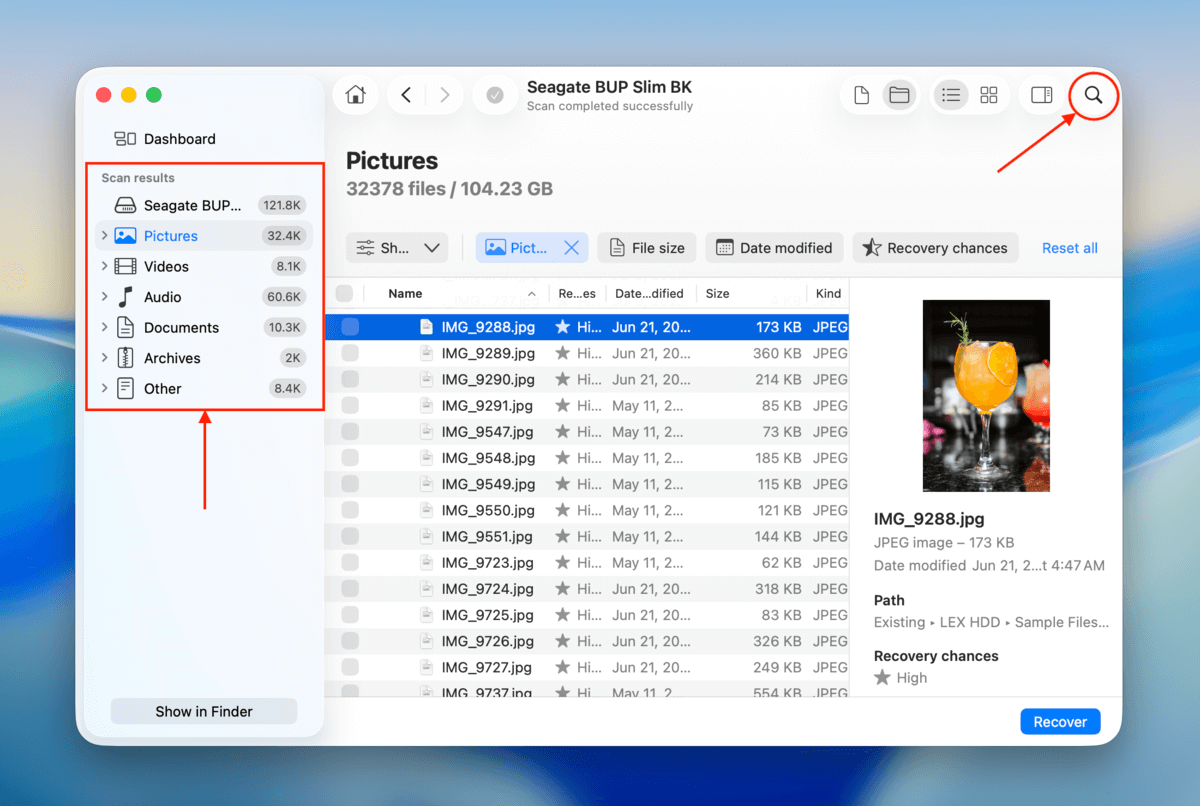 search tool in disk drill