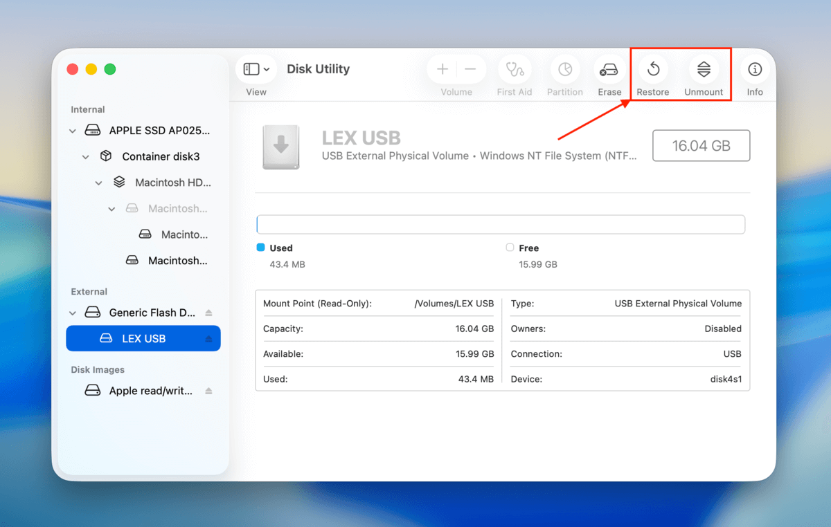 functioning restore and mount tools in Disk Utility