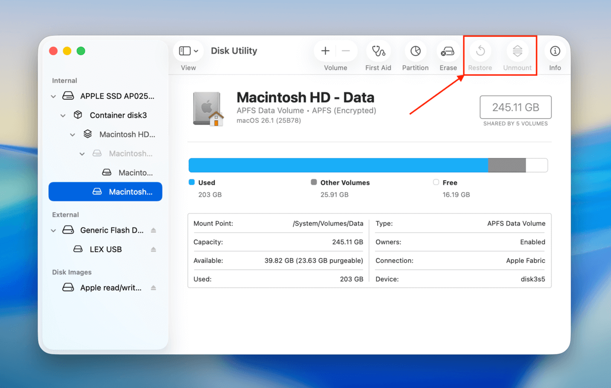 non-functioning restore and unmount tools in disk utility