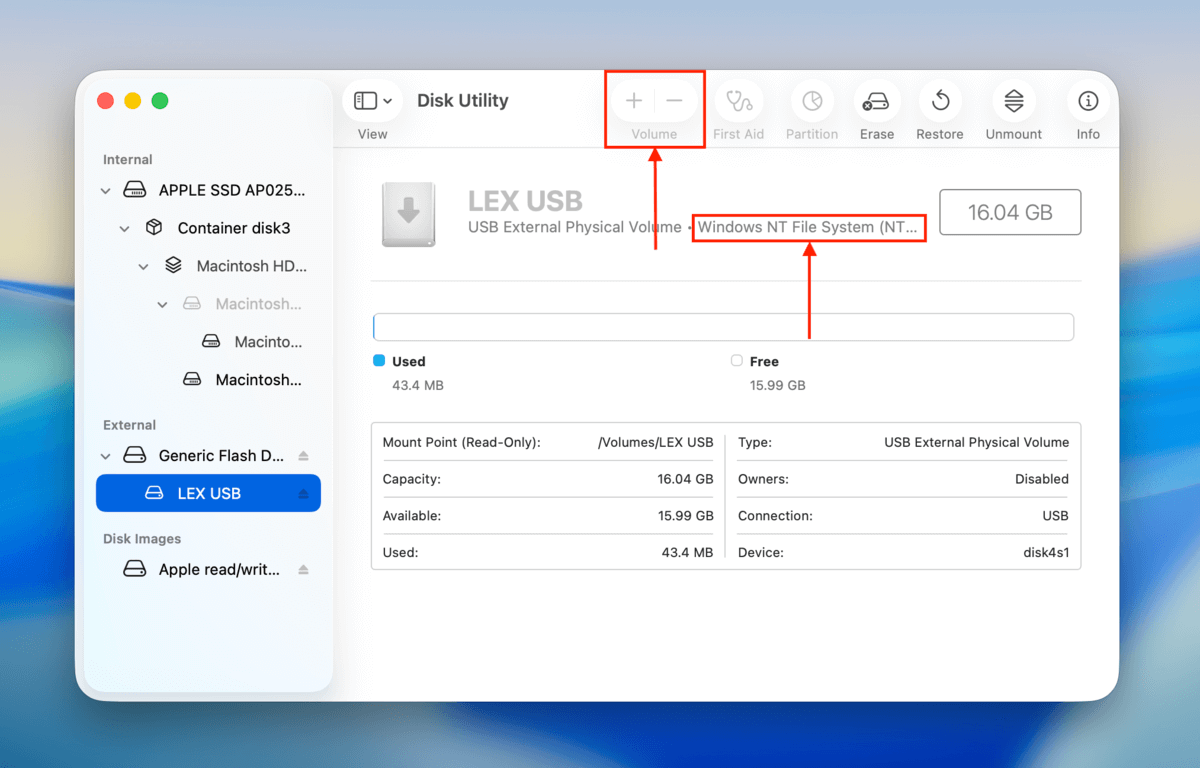 greyed out volume option in Disk Utility