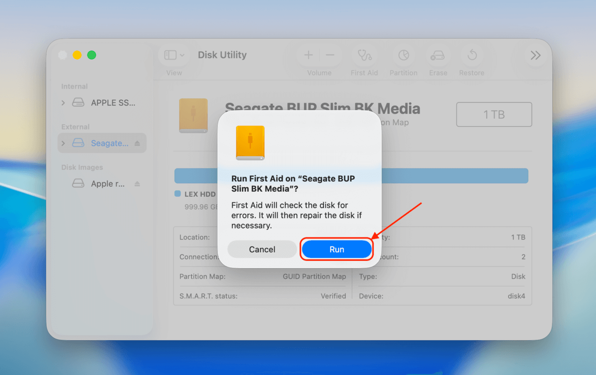 run button in disk utility dialog box