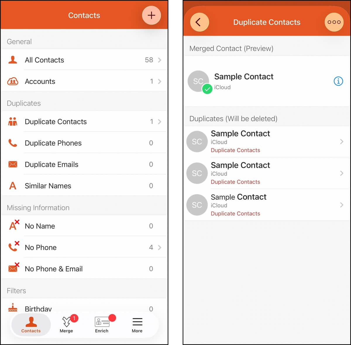 contacts menu in the easy cleaner app
