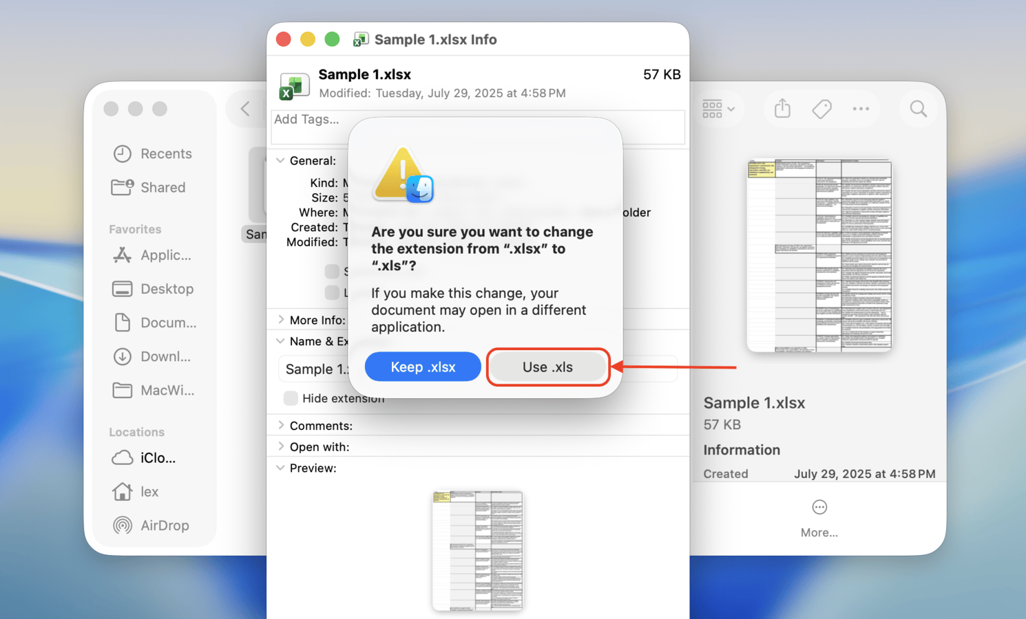 Confirming the renaming of an Excel file's extension