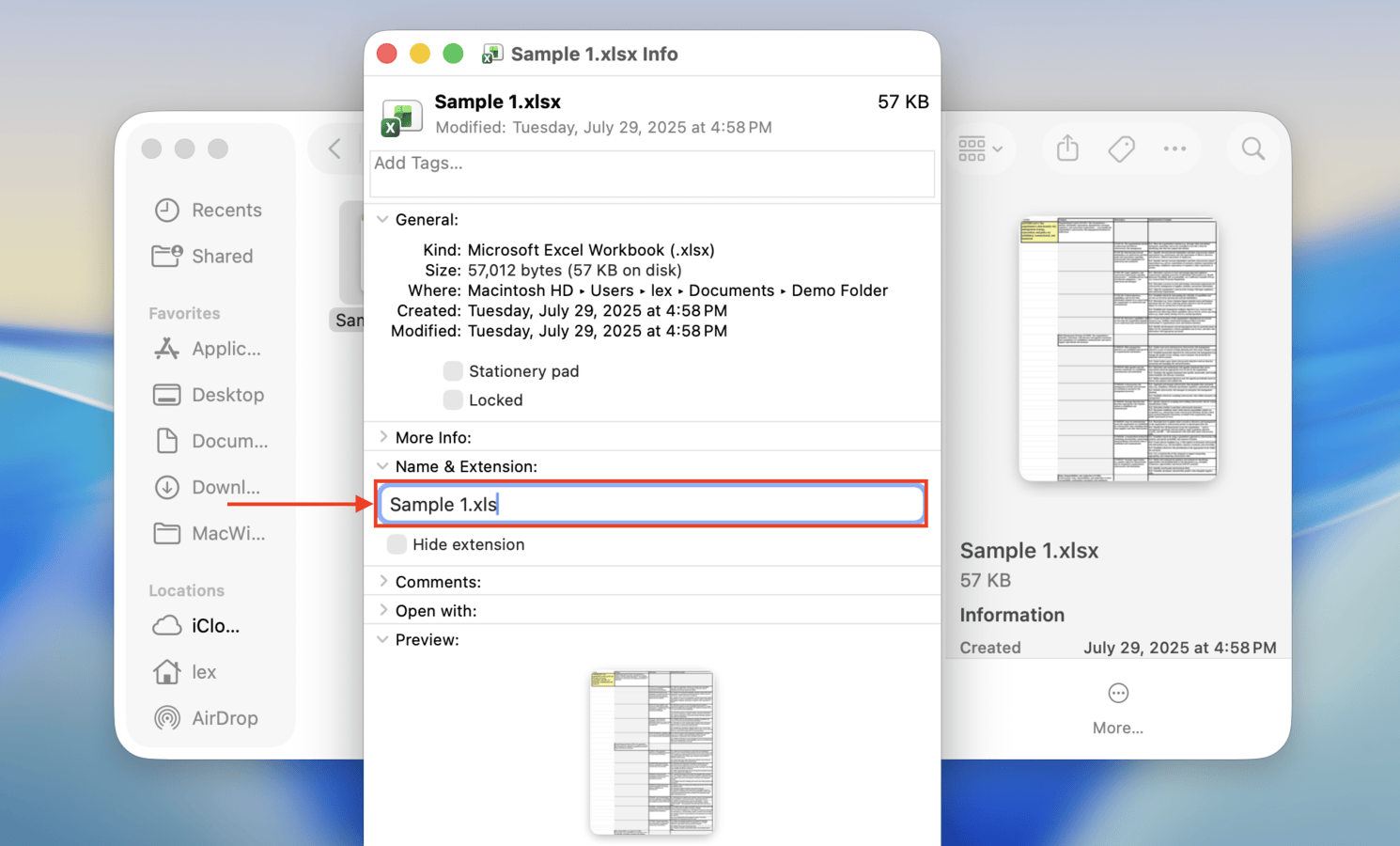 Renaming an Excel file's extension via its Get Info menu