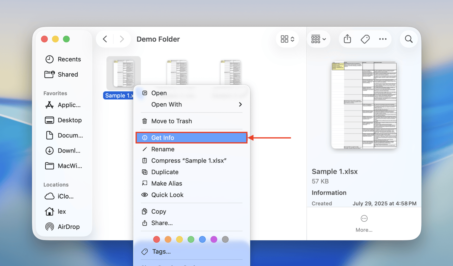 Opening the Get Info menu on an Excel file in Finder