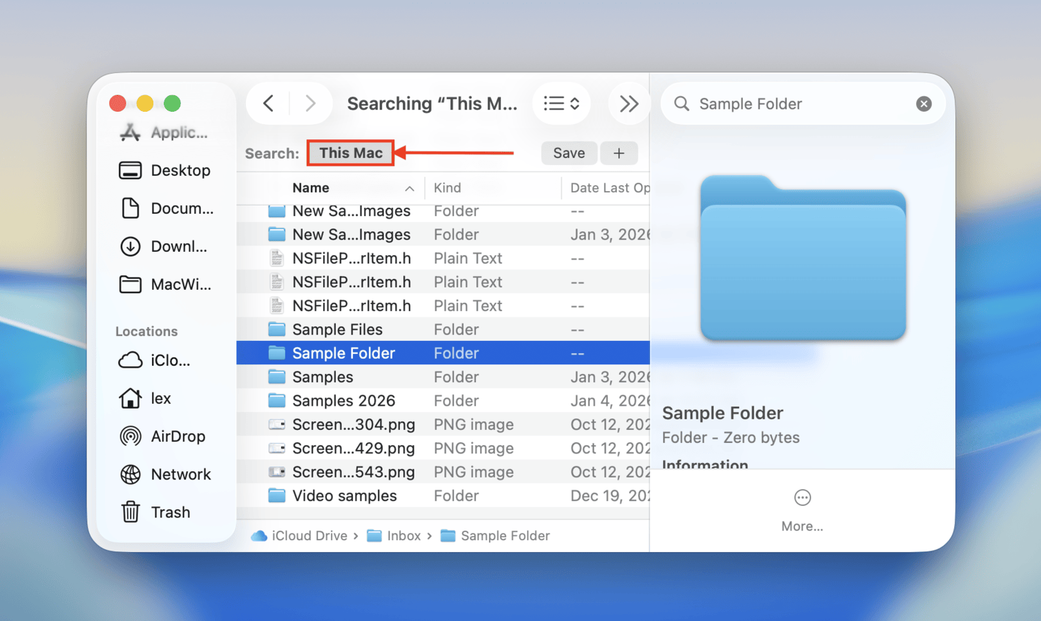 Browsing search results in the "This Mac" category in Finder
