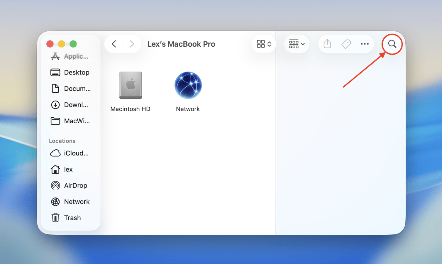 Opening the Search tool in Finder
