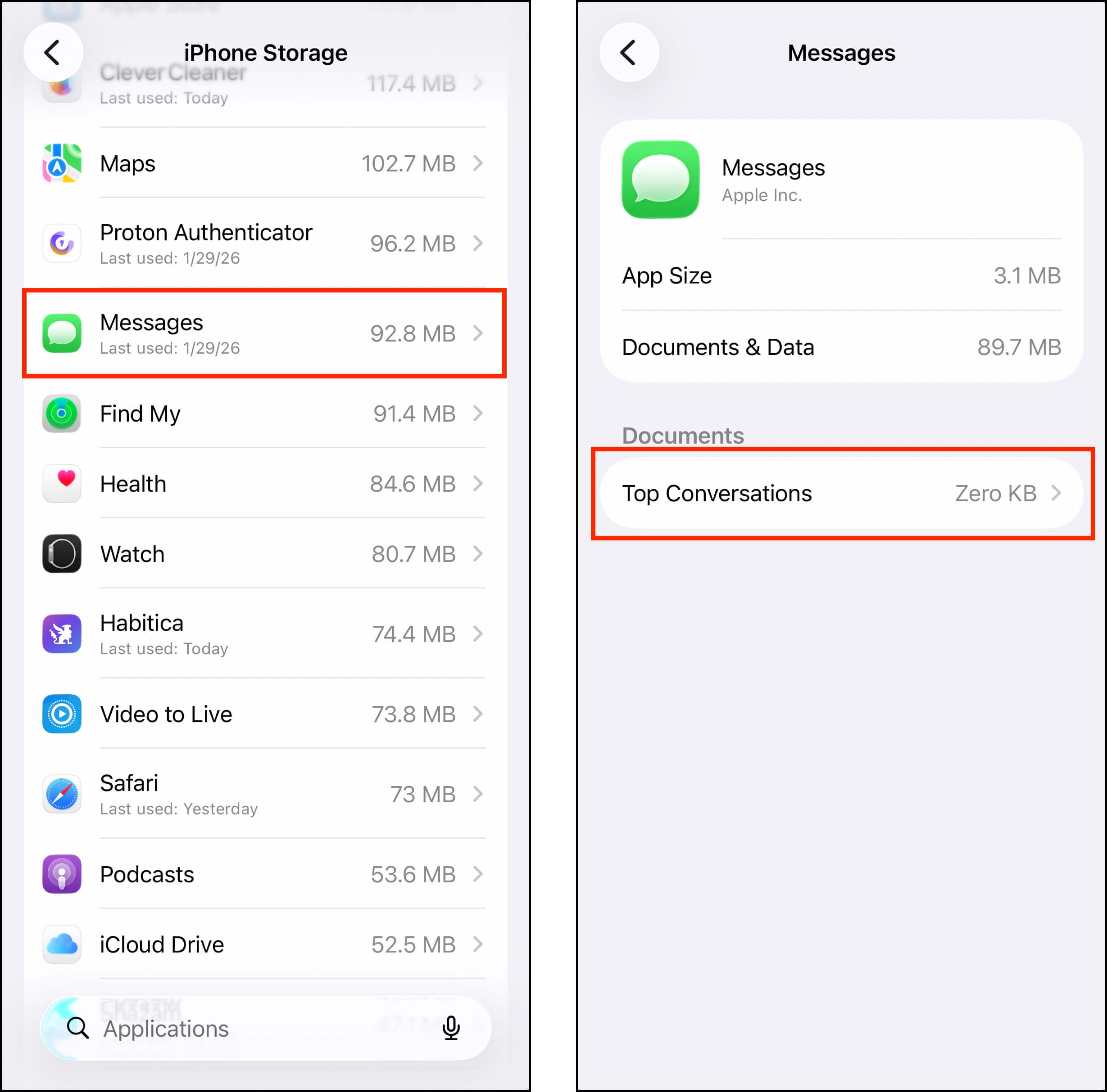 Viewing attachments in the Messages app's settings