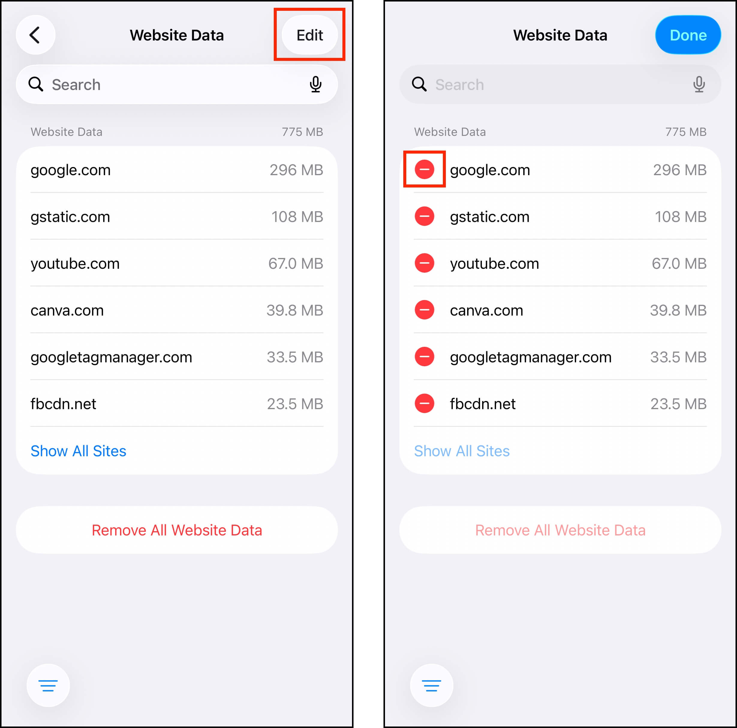 Deleting website data in the Safari settings page