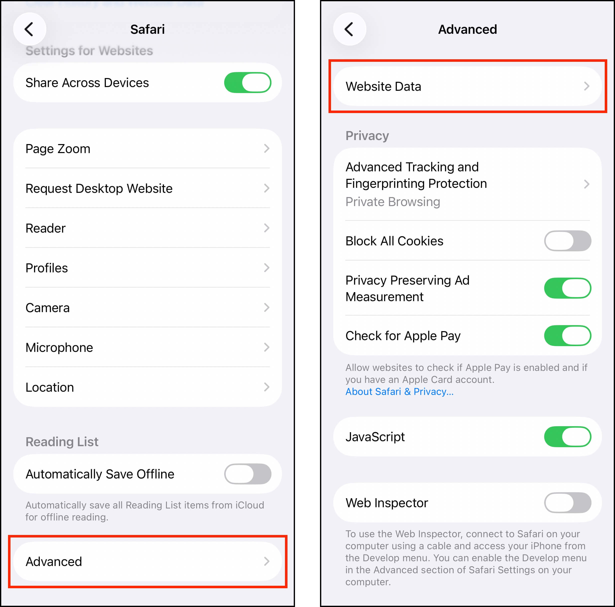 Opening the Website Data menu in Safari's settings