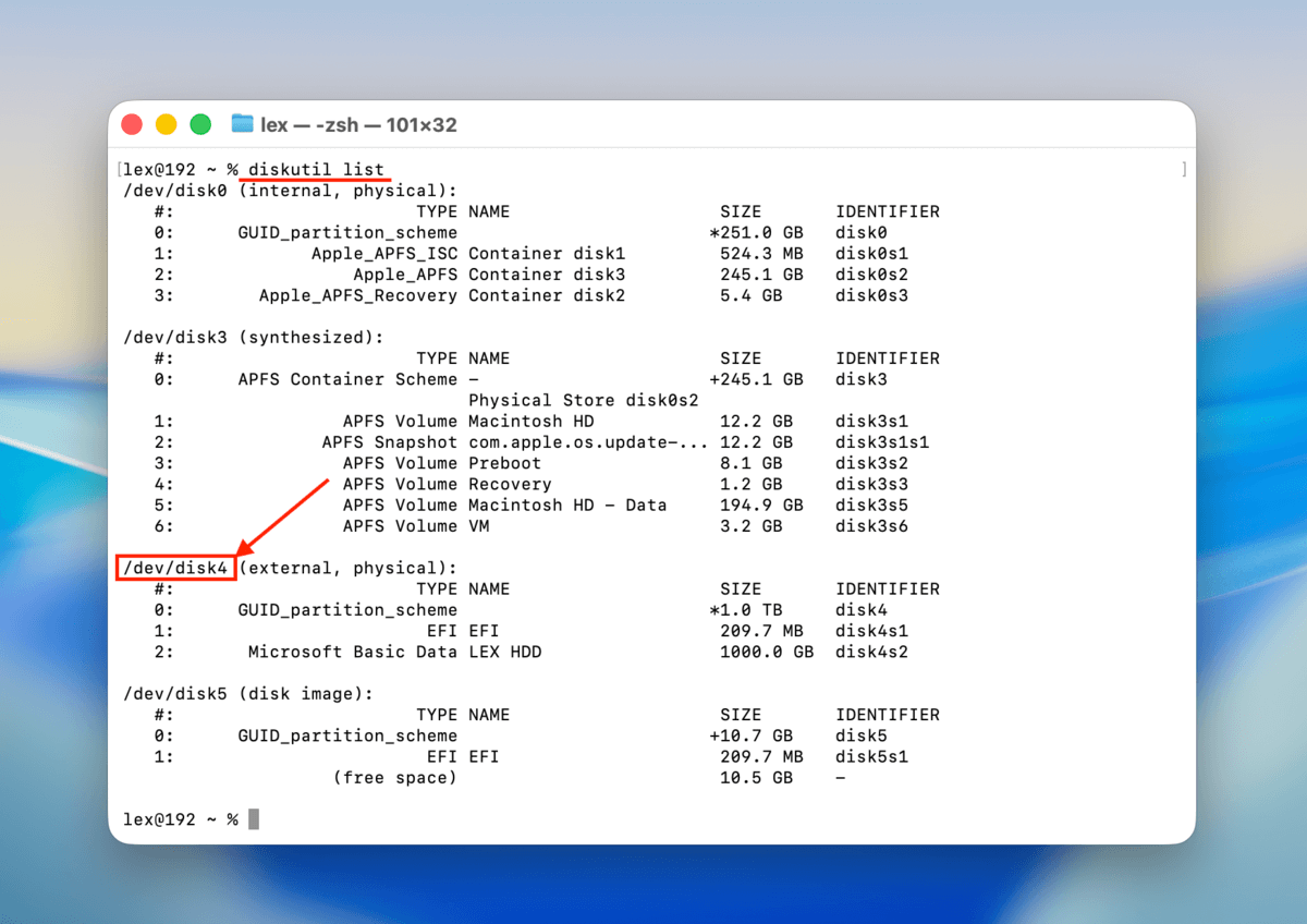 diskutil list command in Terminal