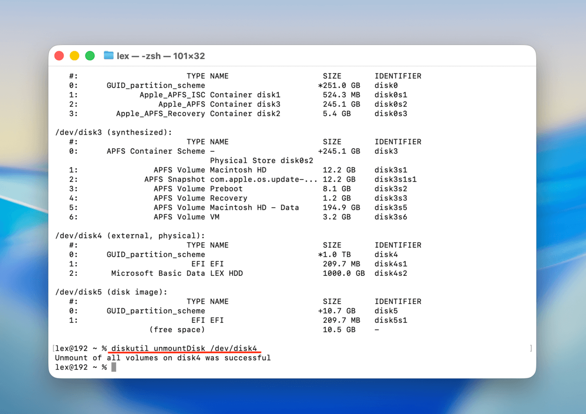 diskutil unmount command in terminal