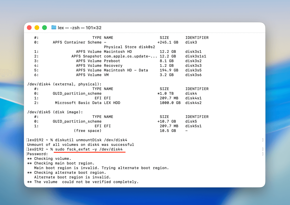sudo fsck command in terminal