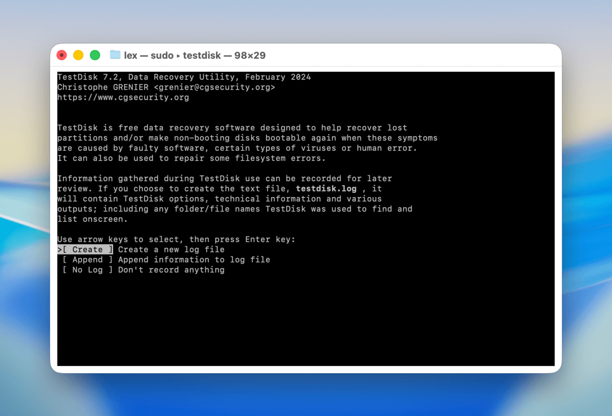 create option in testdisk
