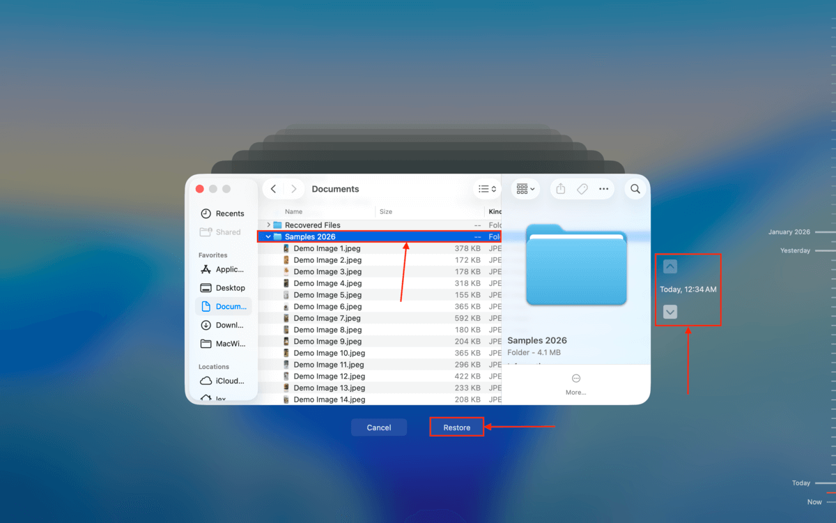 restore button in Time Machine Backups window