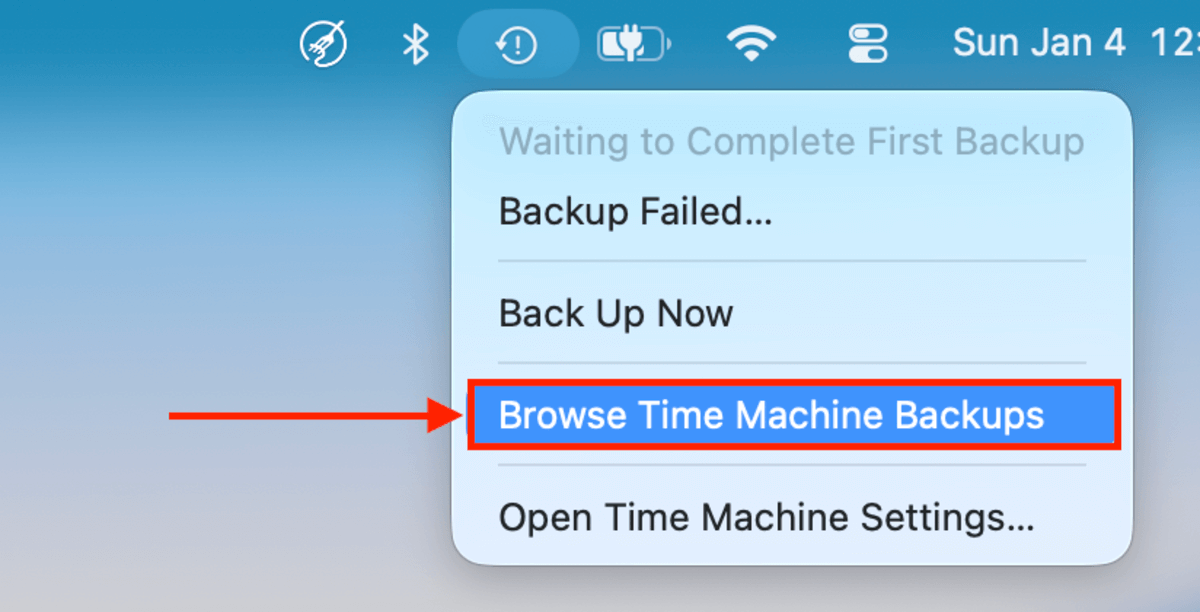 browse time machine backups option in the drop-down menu