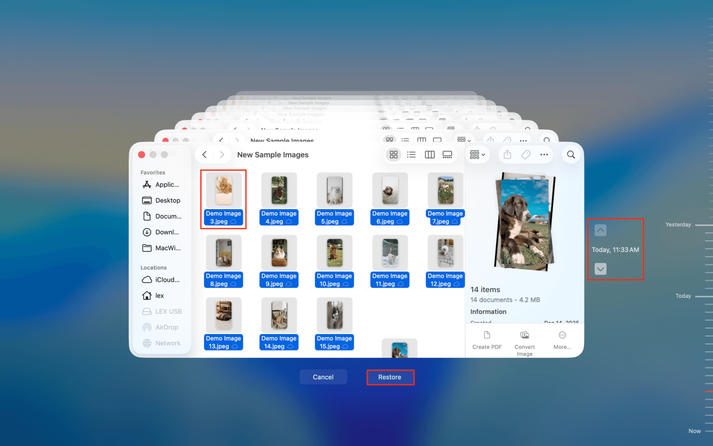 Restoring snapshots in Time Machine