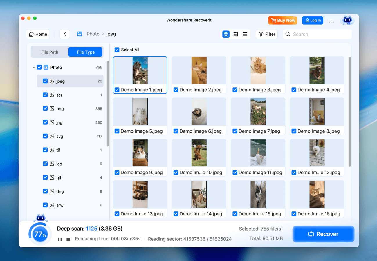 Wondershare Recoverit scan results page