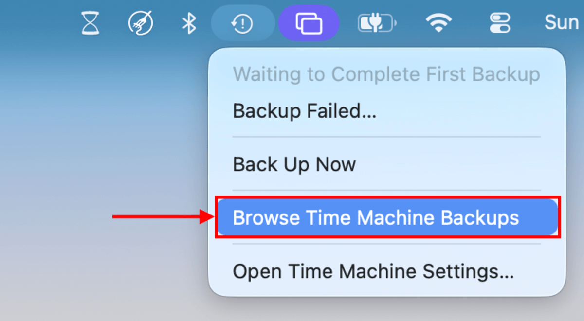 browse time machine backups option in the dropdown menu