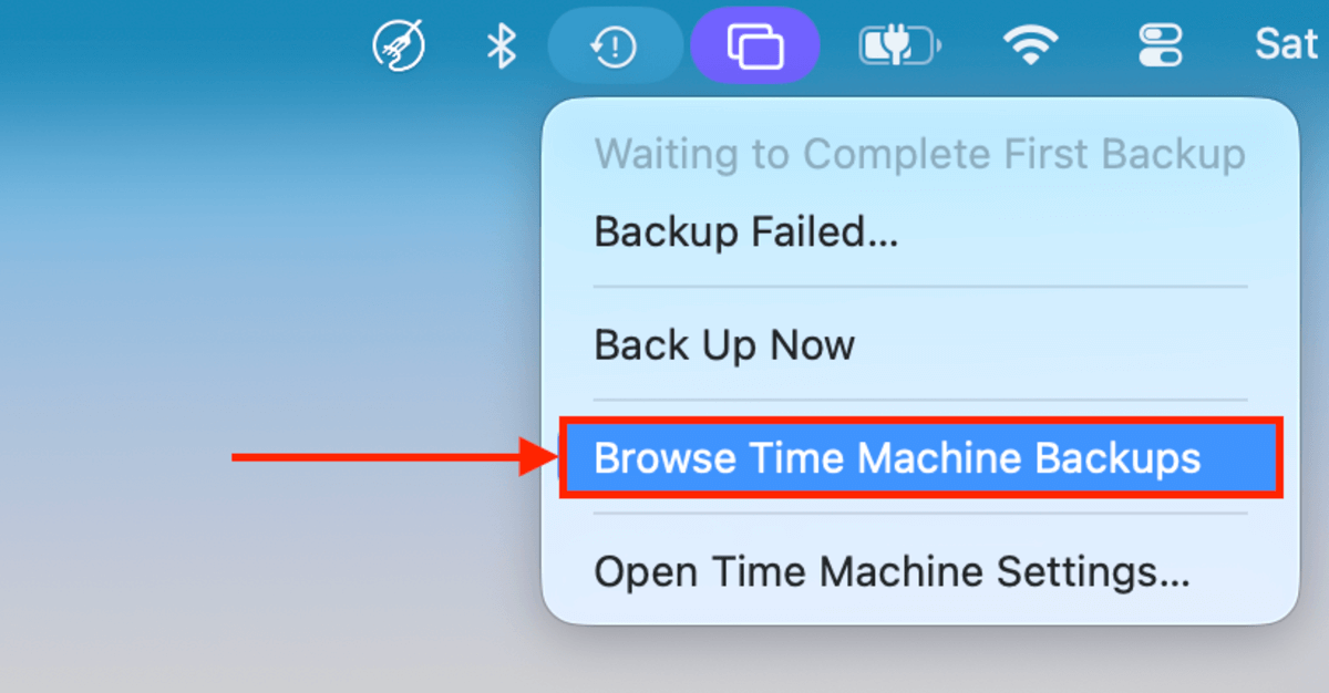 browse time machine backups option in the dropdown menu