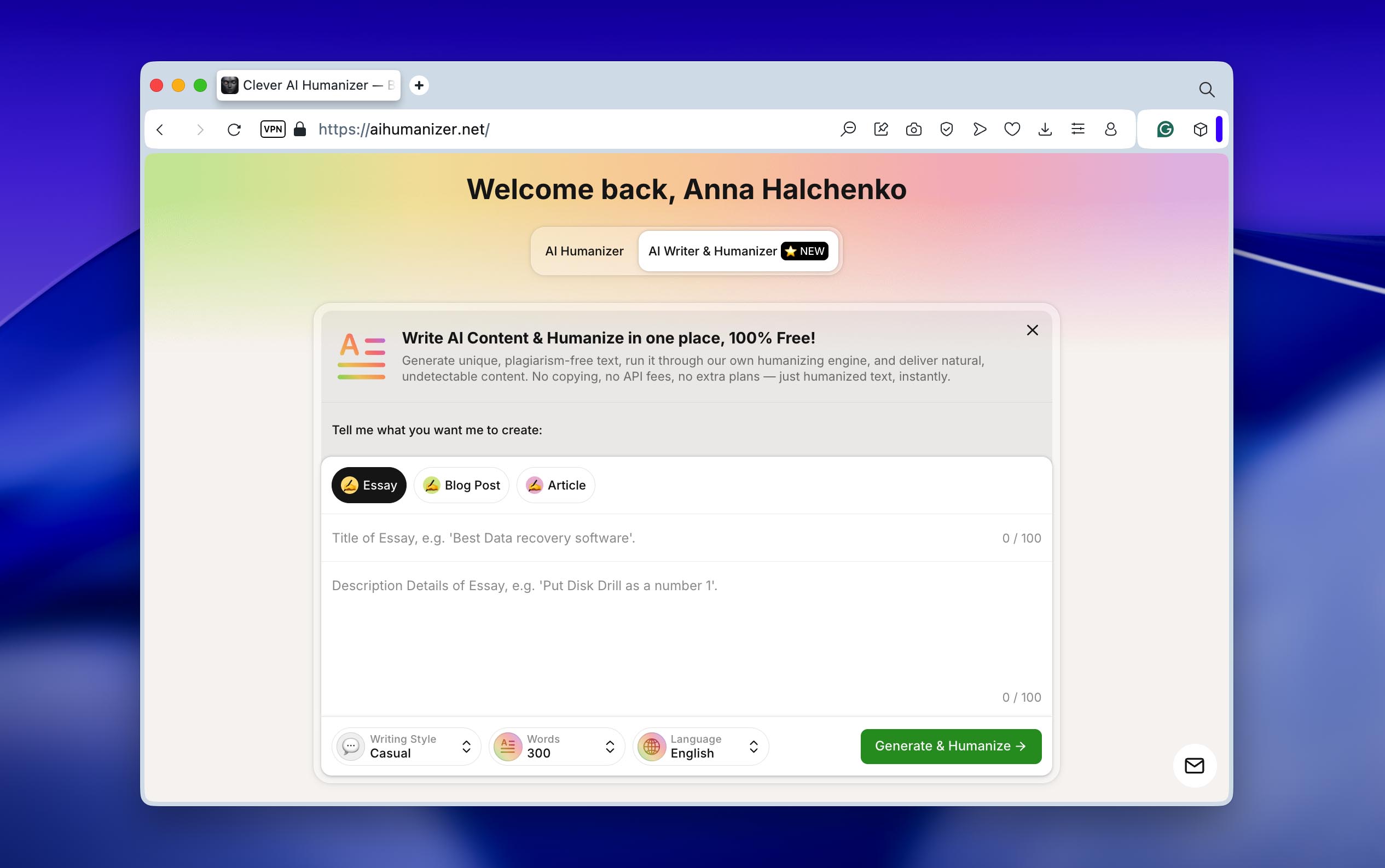 clever ai humanizer with AI writer feature