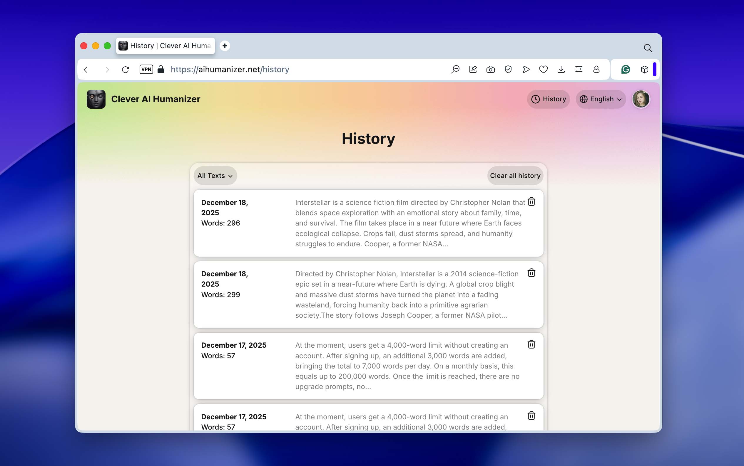 History feature in clever ai humanizer