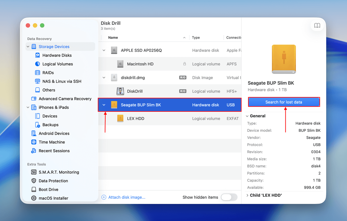 drive selection window in disk drill