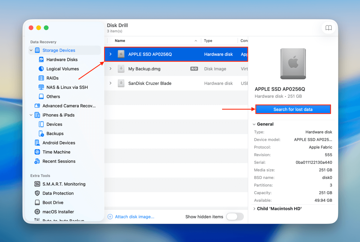 drive selection window in disk drill