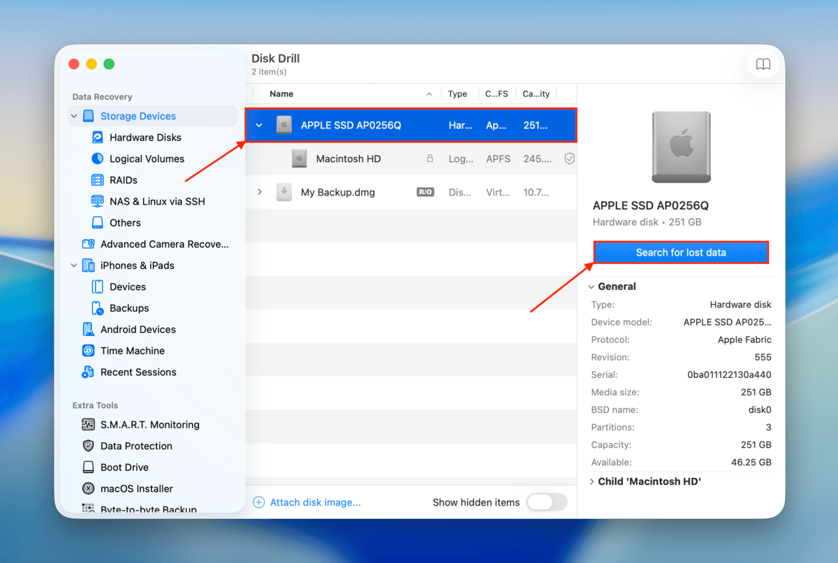drive selection window in disk drill