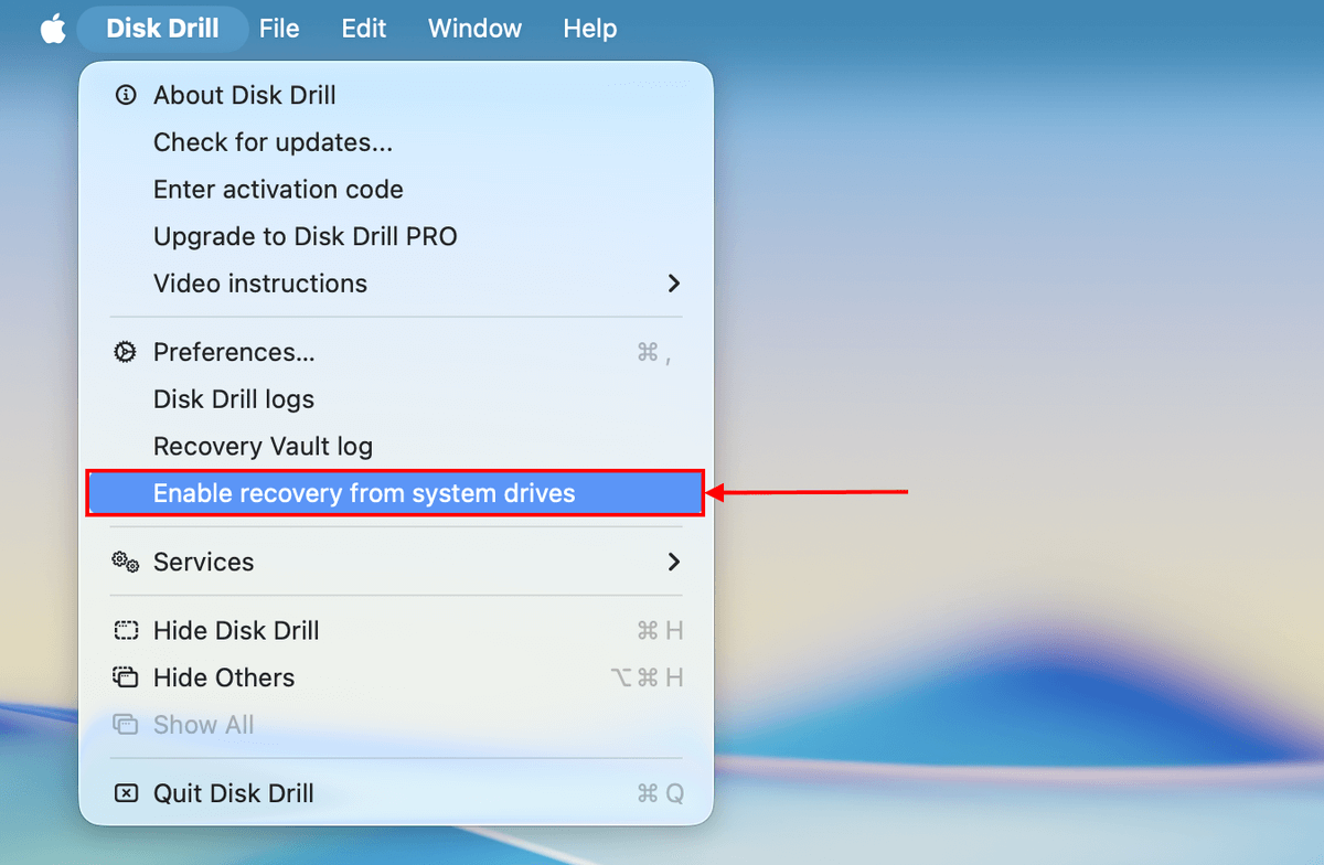 enable recovery from system drives option in the dropdown menu