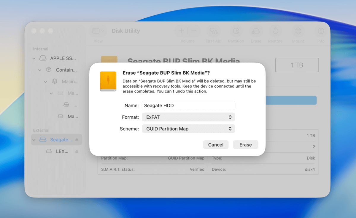 erase option in the dialog box