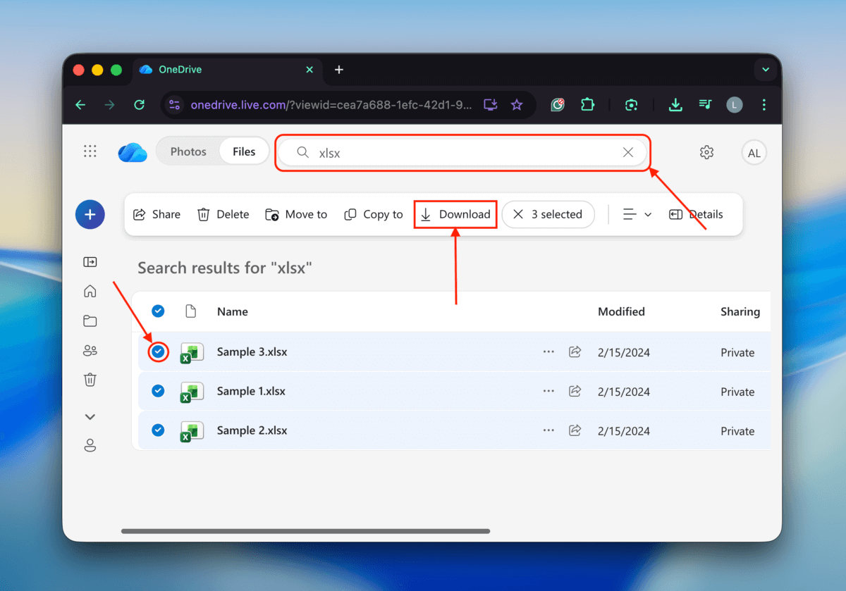 excel file selection window in one drive