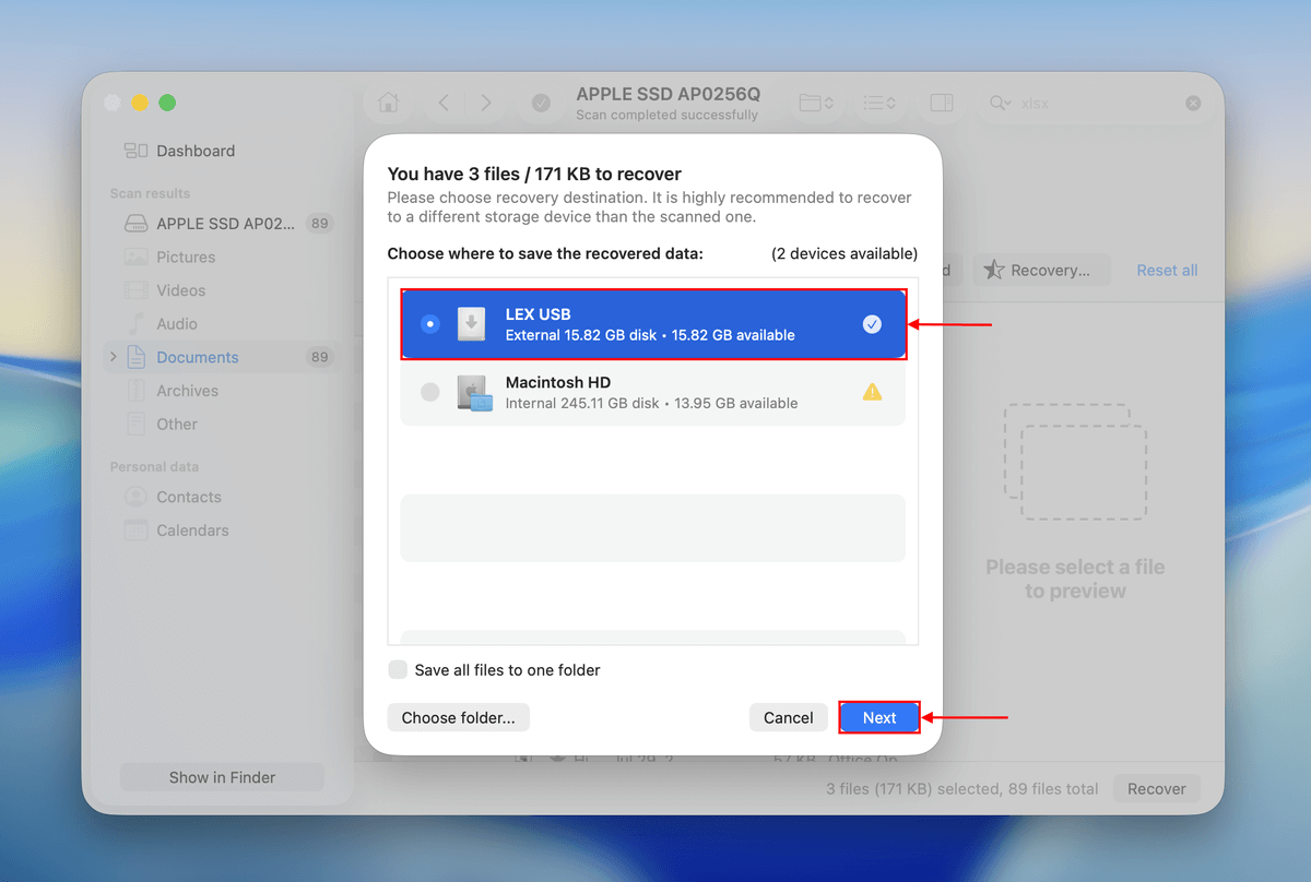 file destination selection dialog box in disk drill