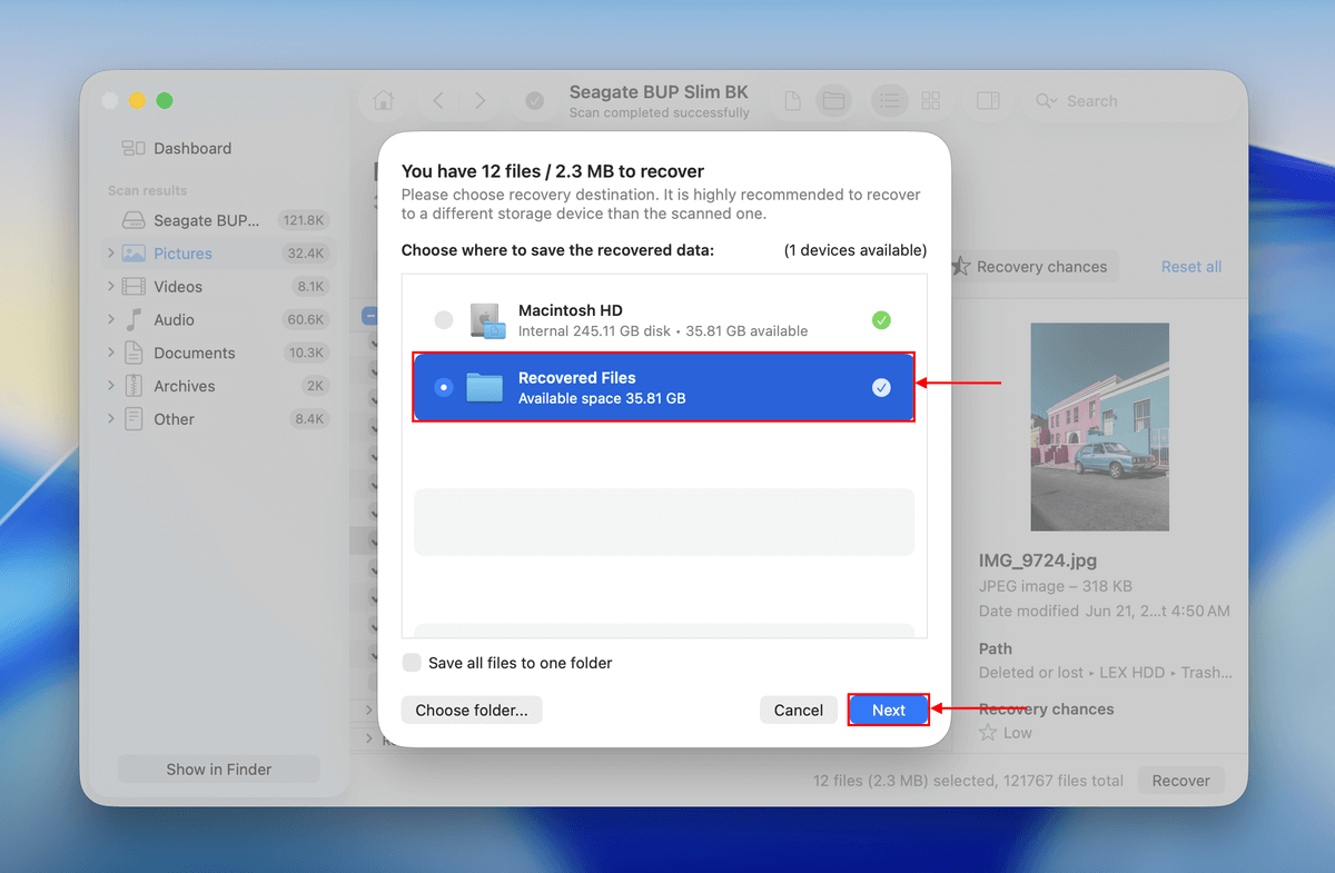 file destination selection dialog box in disk drill