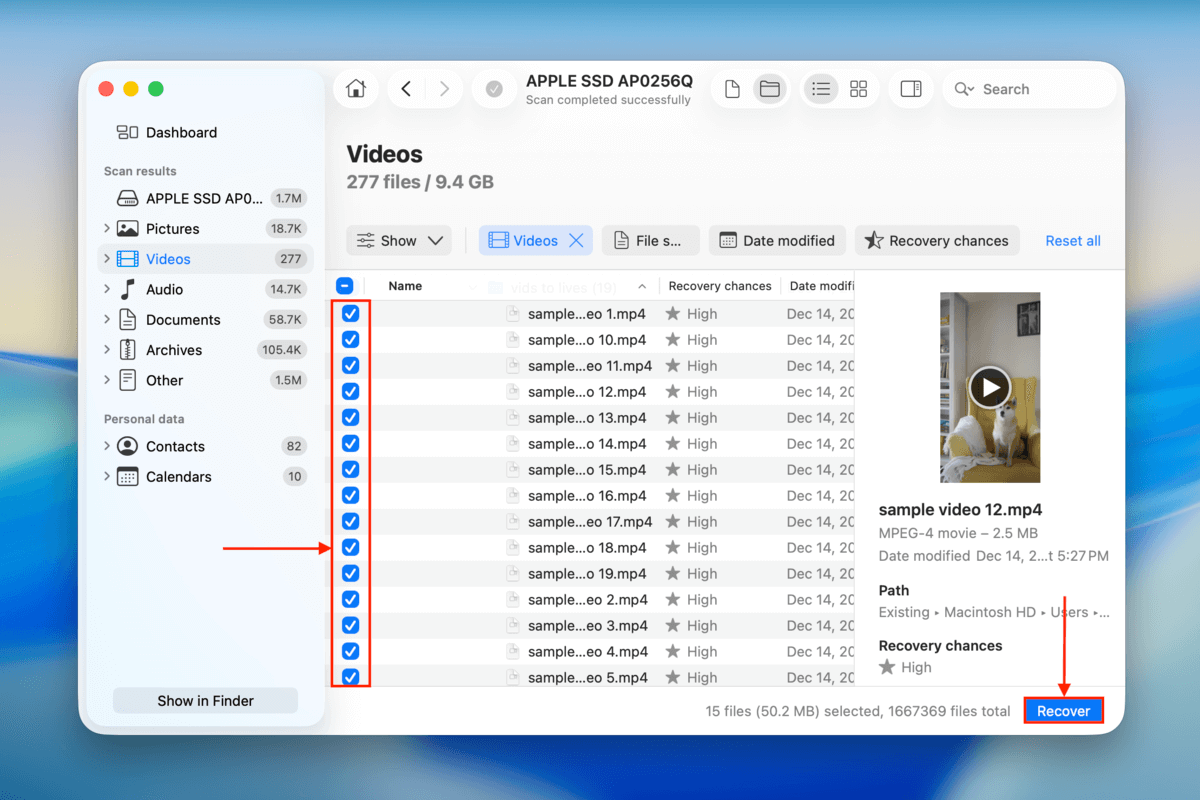 file selection window in disk drill