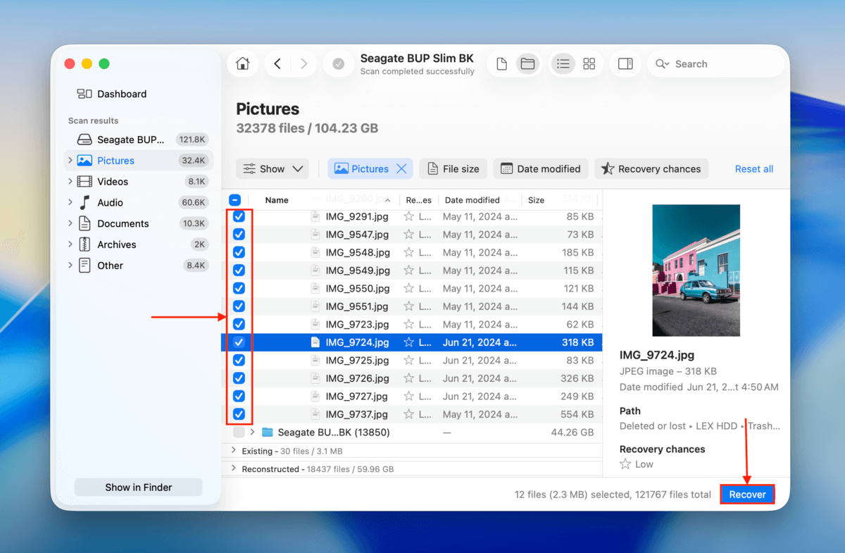 file selection window in disk drill