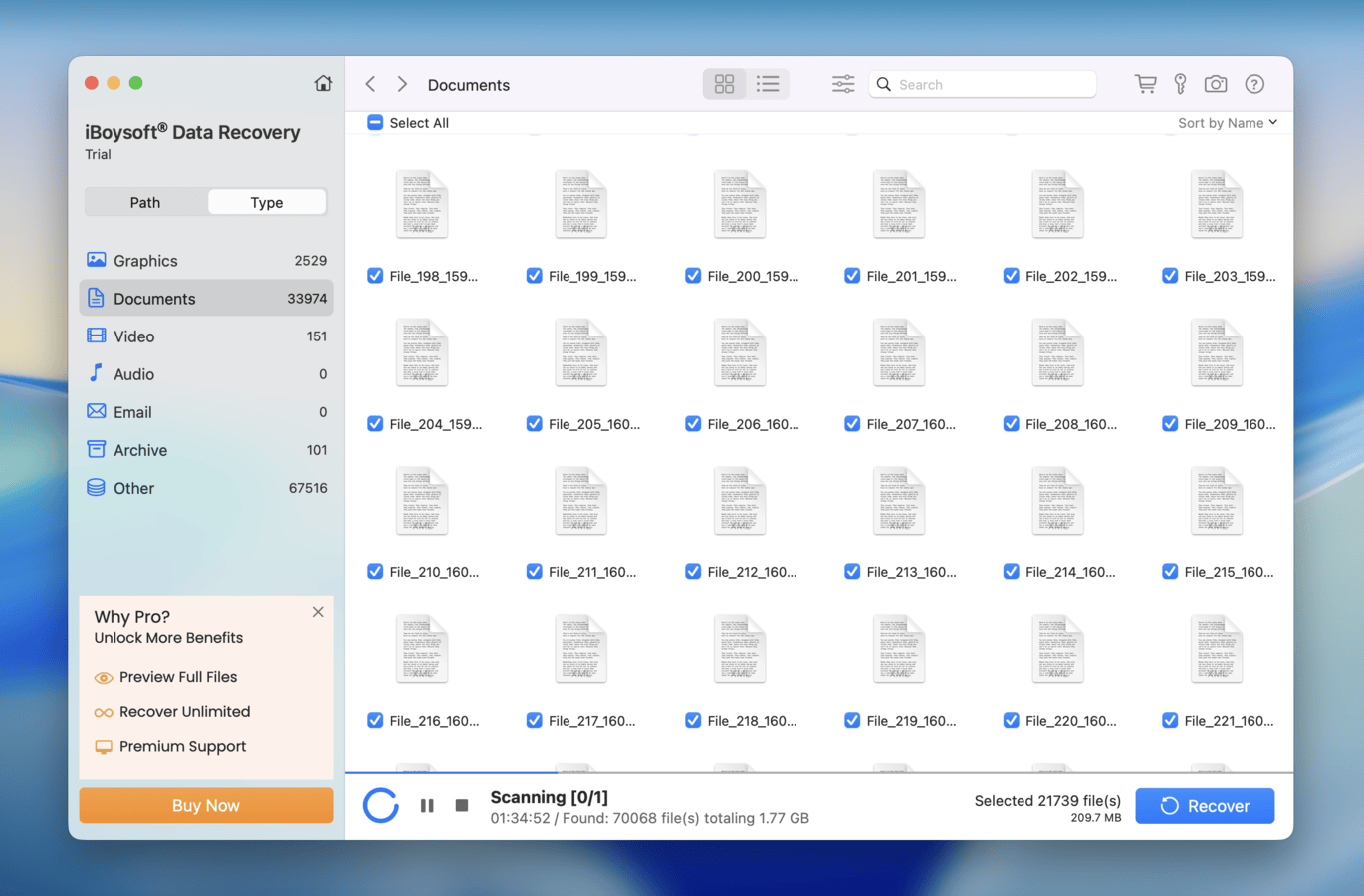 iBoysoft Data Recovery scan results page