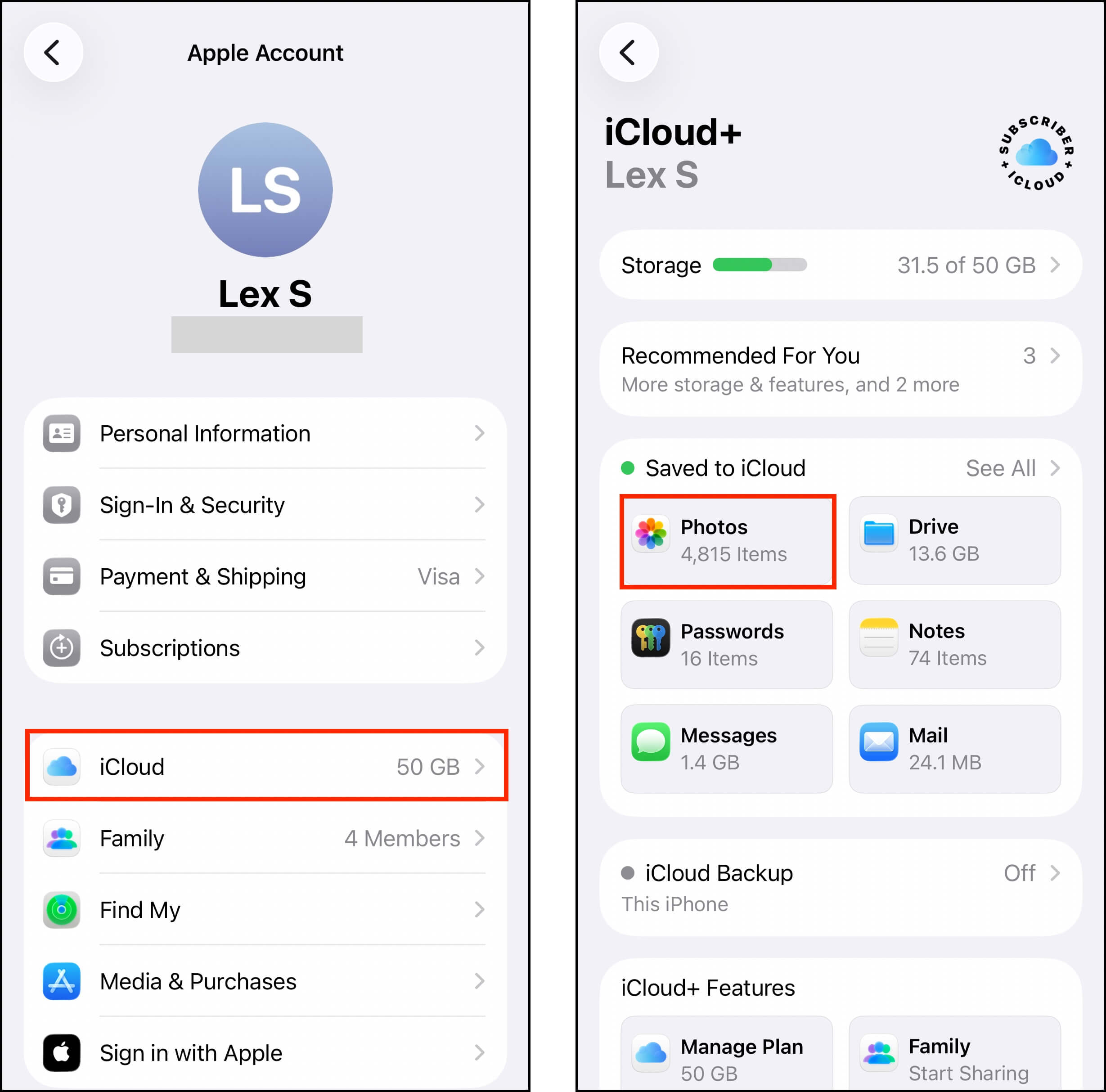 Opening the iCloud settings page for the Photos app