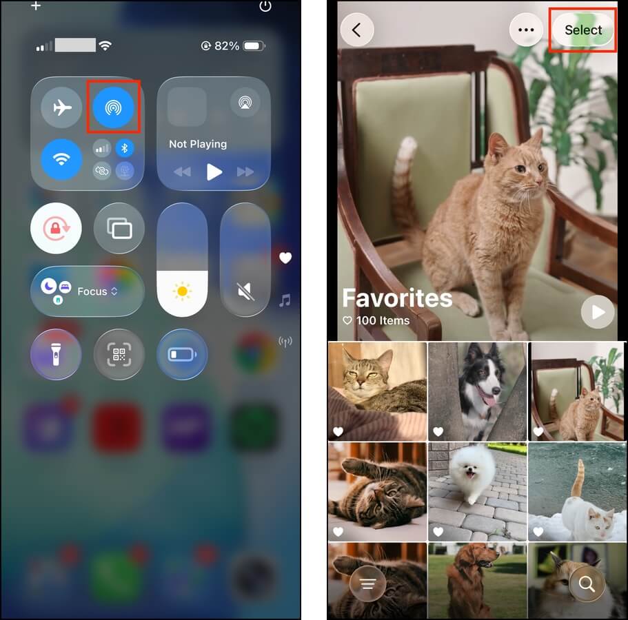 Preparing to choose photos for AirDrop transfer